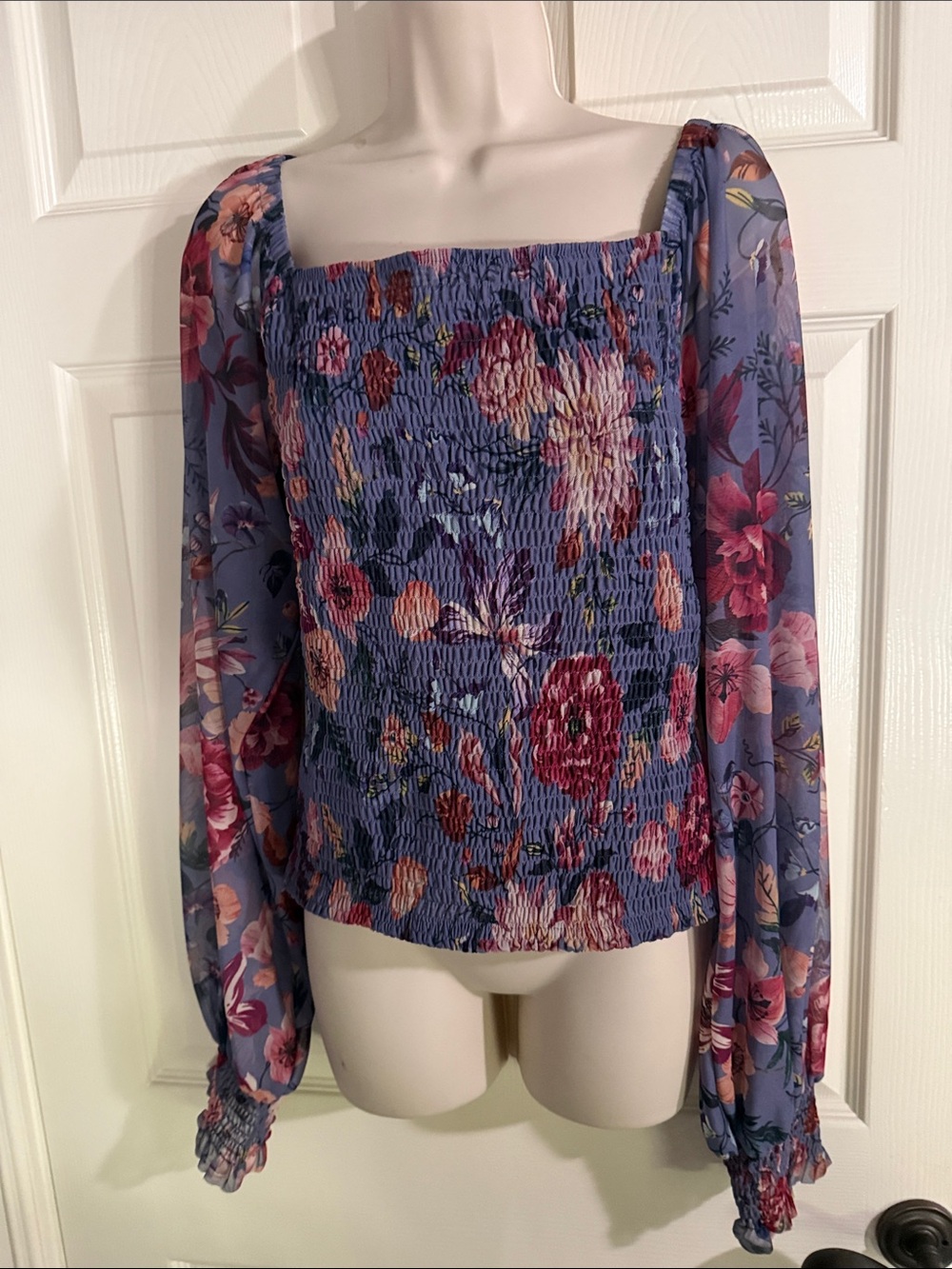 Anthropologie Lavender Floral Smocked Puff Sleeve Top